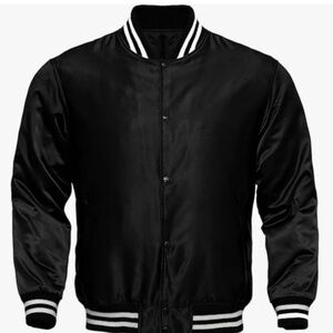 Vintage Retro Varsity Jacket Black Silky Polyester by Eagle USA EUC Women Small